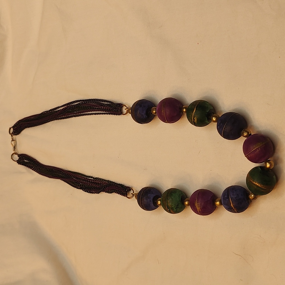 Vintage wooden bead and multi strand necklace with peacock green blue and purple